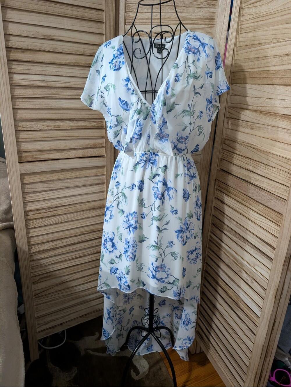 Lily Rose Womens White Blue Floral Maxi Hi Low Dress Baby Bridal Shower Sz Small